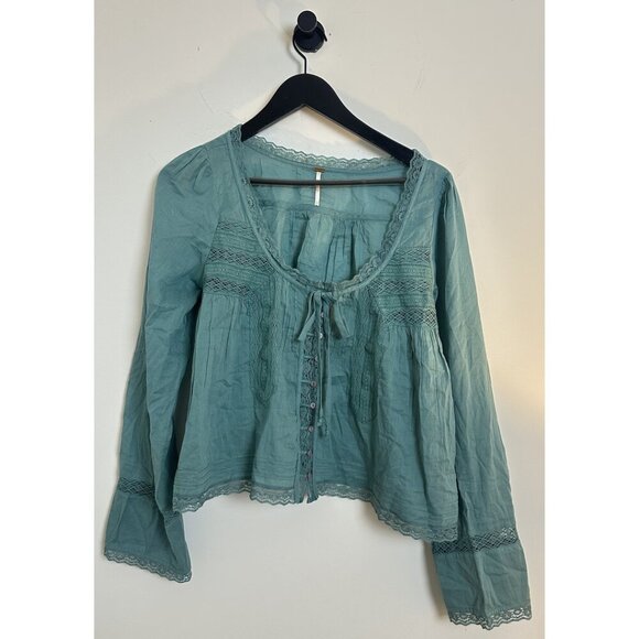 FREE PEOPLE Evermore Lace Inset Semisheer Cotton Top in Mineral Blue Size Small - Picture 2 of 7